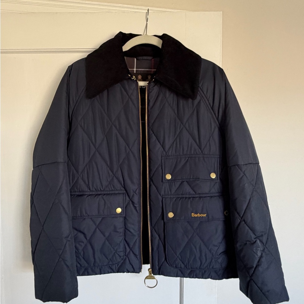Barbour Navy Quilted Jacket with Black Corduroy Collar